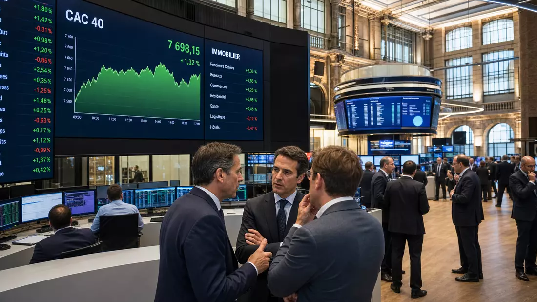 Trading-Floor mit CAC-40-Kurschart und Immobiliensektor-Daten, Trader im Gespräch im Vordergrund