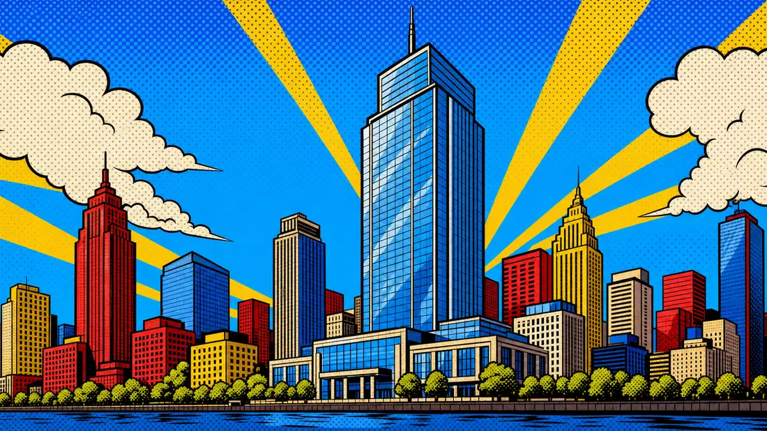 Bunte Pop-Art-Illustration einer Stadtskyline mit Bürohochhaus im Comic-Stil mit Rasterpunkten