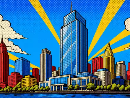 Farbenfrohe Pop-Art-Comic-Szene mit stilisierter Skyline symbolisiert humorvoll Gecina SA FR0010040865 als Büroimmobilien-REIT - Foto: THN