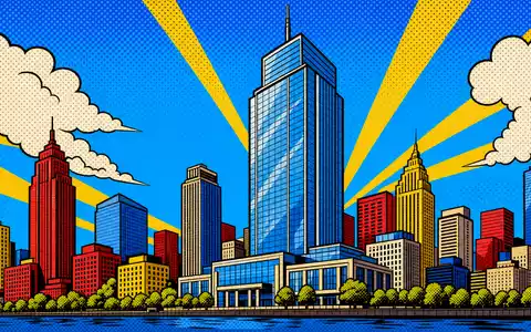 Farbenfrohe Pop-Art-Comic-Szene mit stilisierter Skyline symbolisiert humorvoll Gecina SA FR0010040865 als Büroimmobilien-REIT - Foto: THN