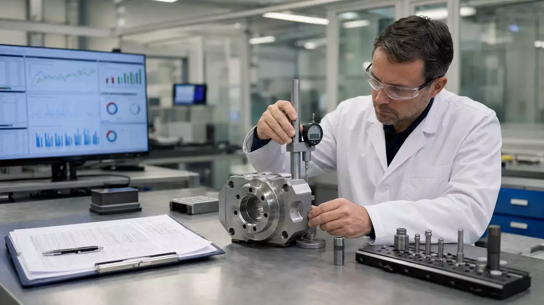 Ingenieur mit Messgerät prüft Metallbauteil im hellen Prüflabor, Diagramme im Hintergrund