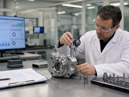 Bureau Veritas SA FR0006174348 zeigt fotorealistisch Prüflabor mit Ingenieur bei Präzisionsmessung industrieller Bauteile im Werk - Foto: THN