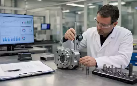 Bureau Veritas SA FR0006174348 zeigt fotorealistisch Prüflabor mit Ingenieur bei Präzisionsmessung industrieller Bauteile im Werk - Foto: THN