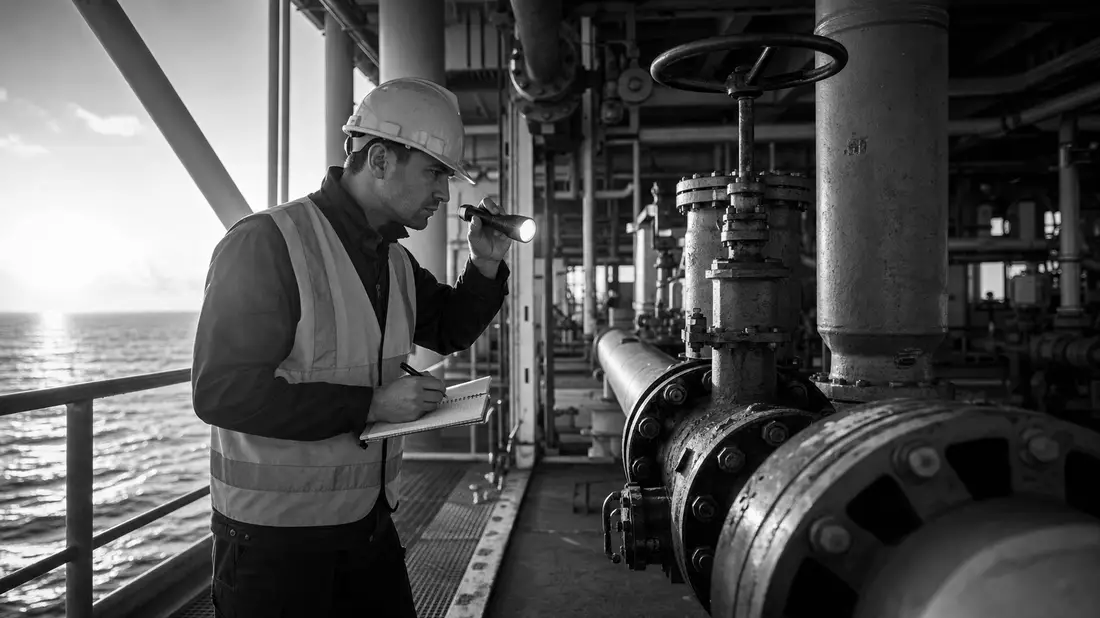 Schwarzweißfoto eines Inspekteurs mit Helm und Taschenlampe an Industrierohrleitung am Meer