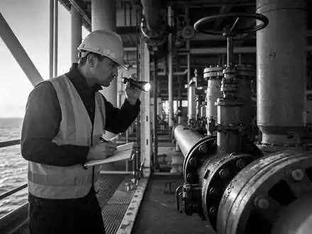Bureau Veritas SA FR0006174348 dokumentiert Schwarzweiß-Reportage eines Inspekteurs an Offshore-Anlage mit Rohrleitungen und Ventilen - Foto: THN
