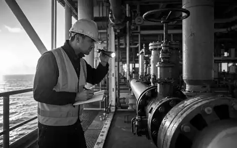 Bureau Veritas SA FR0006174348 dokumentiert Schwarzweiß-Reportage eines Inspekteurs an Offshore-Anlage mit Rohrleitungen und Ventilen - Foto: THN