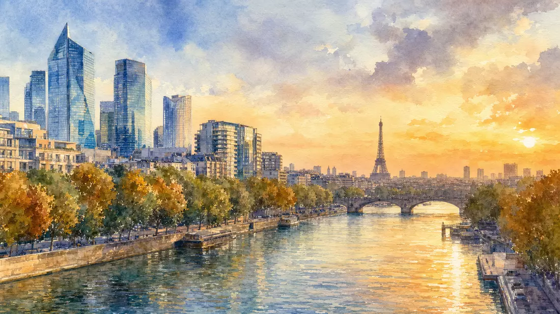 Aquarellmalerei der Pariser Skyline mit Seine, Brücke und Wolkenkratzern im Abendlicht
