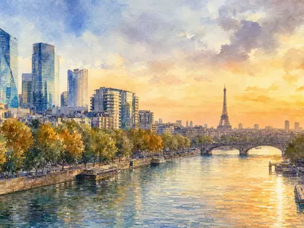 Bureau Veritas SA FR0006174348 inspiriert Aquarellbild der Pariser Skyline mit Seine und Bürotürmen im Sonnenuntergang - Foto: THN