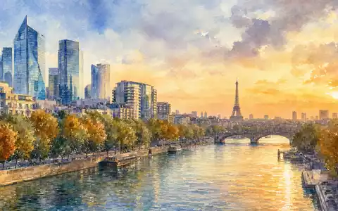 Bureau Veritas SA FR0006174348 inspiriert Aquarellbild der Pariser Skyline mit Seine und Bürotürmen im Sonnenuntergang - Foto: THN