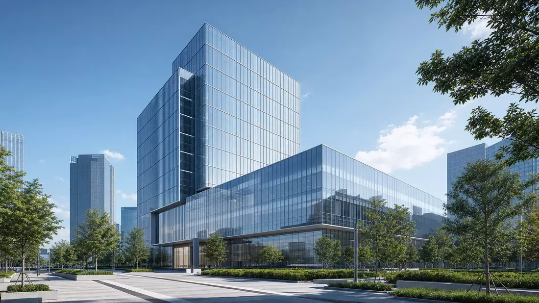 3D-Architekturrender eines modernen Glasbürohochhauses mit Platz und Bäumen bei Tageslicht