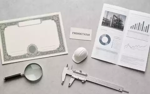 Bureau Veritas SA FR0006174348 präsentiert Flatlay mit Aktienzertifikat, ISIN-Karte FR0006174348 und Prüfwerkzeugen - Foto: THN
