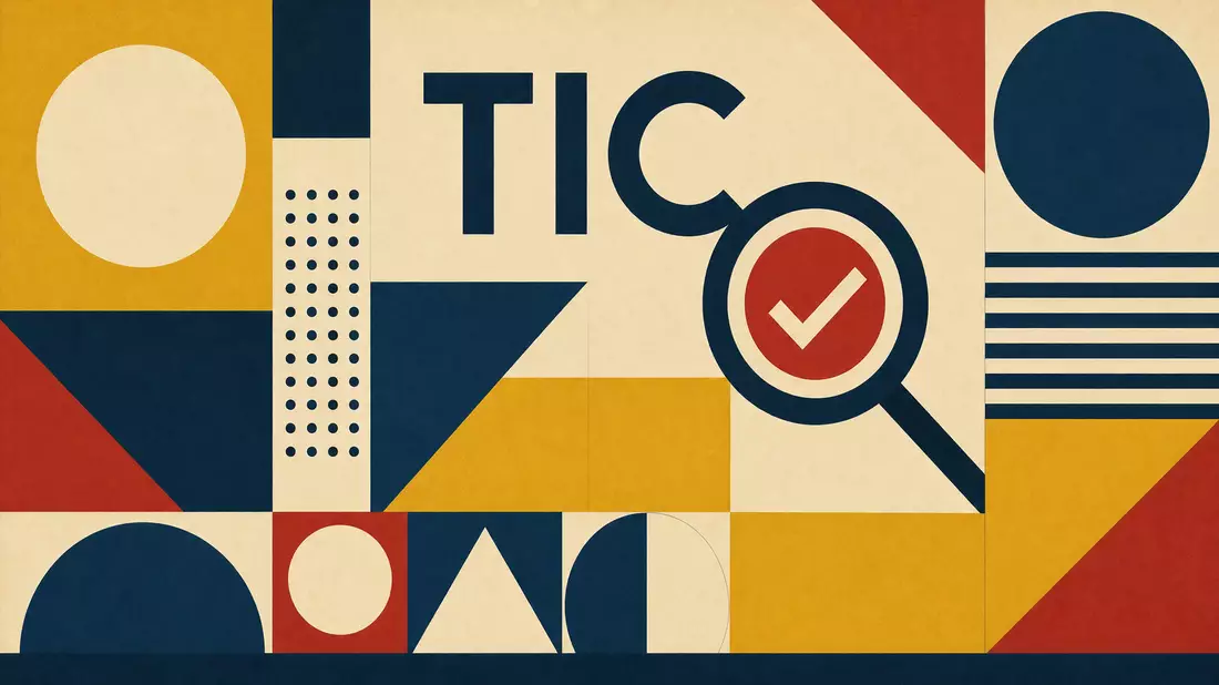 Bauhaus-Poster mit geometrischen Formen, Lupe, Häkchen und Schriftzug TIC in Primärfarben