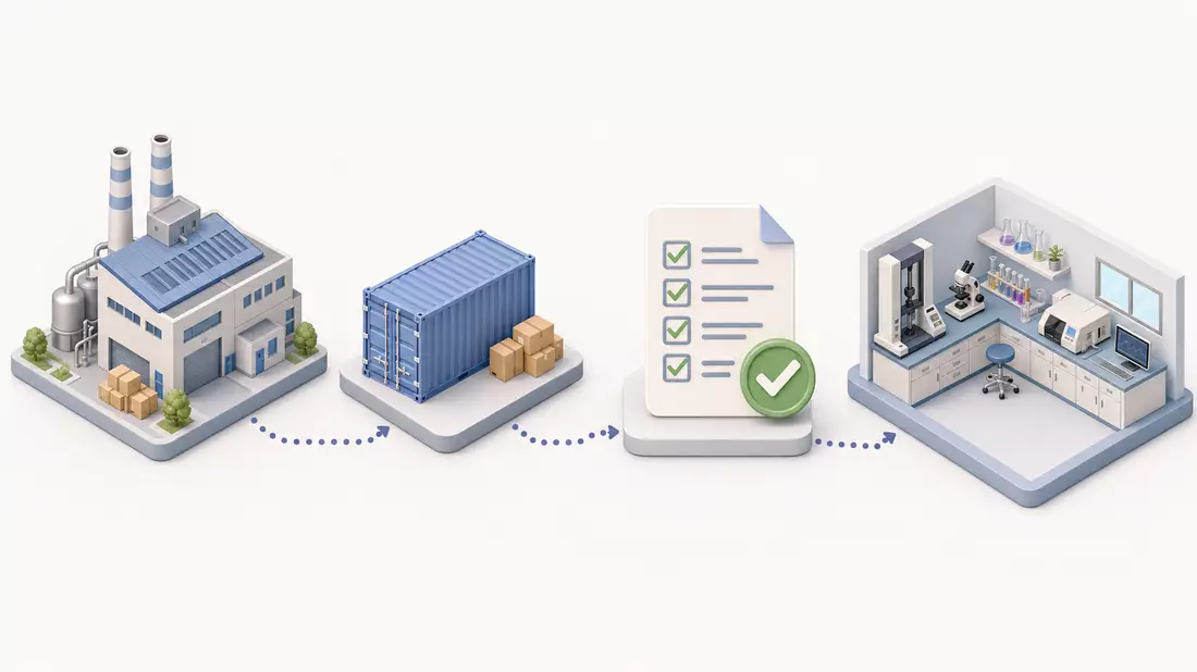 Isometrische 3D-Illustration von Fabrik, Container, Checkliste und Testlabor mit Pfeilen verbunden