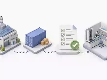 Bureau Veritas SA FR0006174348 illustriert isometrisch Prüfkette von Fabrik über Container bis Laborzertifizierung - Foto: THN
