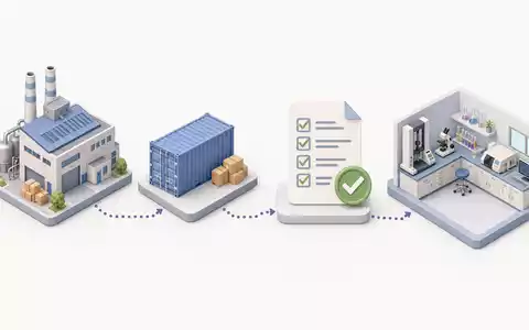 Bureau Veritas SA FR0006174348 illustriert isometrisch Prüfkette von Fabrik über Container bis Laborzertifizierung - Foto: THN