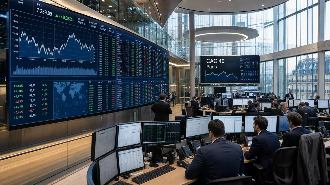 Trading-Floor mit großen Kurschart-Bildschirmen und Anzeige CAC 40 Paris, Händler an Monitoren
