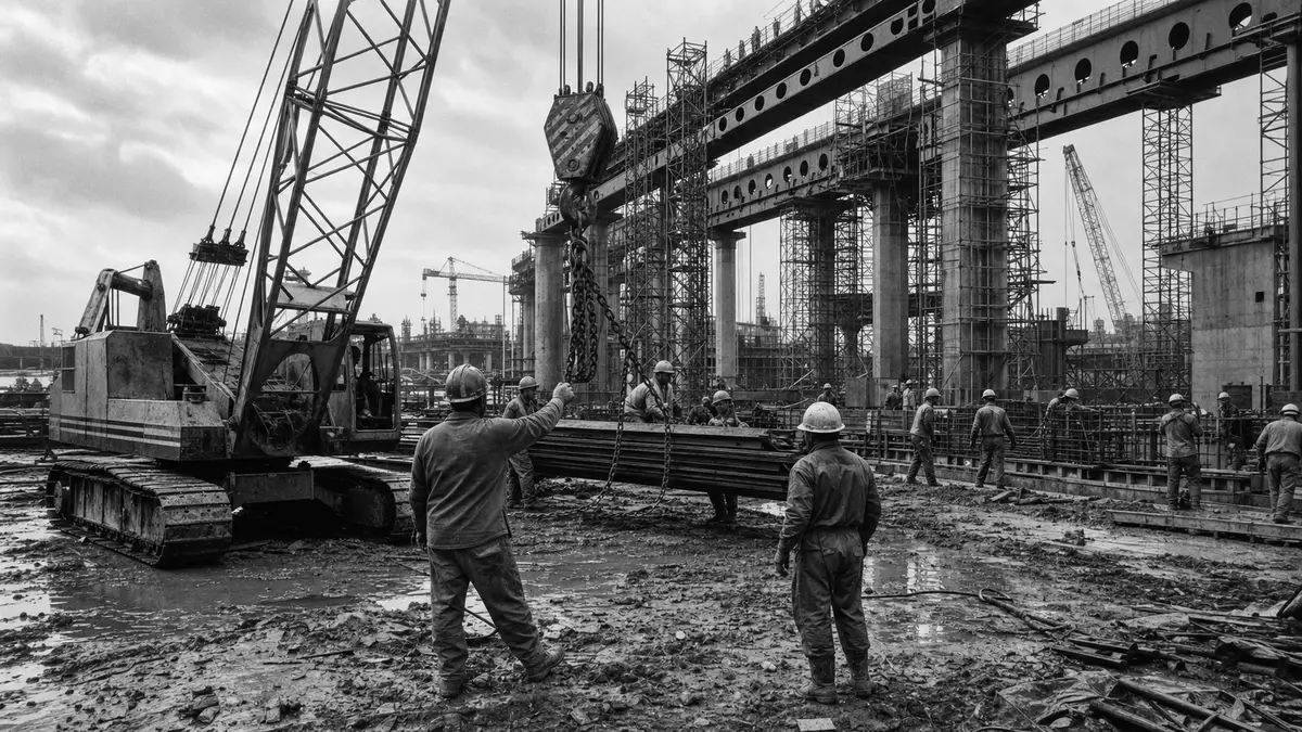 Schwarzweiß-Reportagefoto einer Infrastrukturbaustelle mit Kran und Arbeitern im Schlamm
