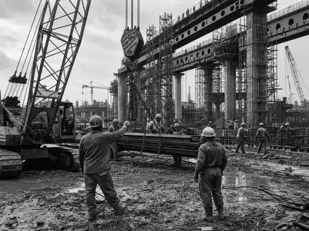 Dokumentarische Schwarzweiß-Aufnahme illustriert die Bauindustrie, in der Eiffage S.A. (ISIN FR0000130452) als Baukonzern tätig ist - Foto: THN