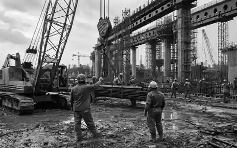 Dokumentarische Schwarzweiß-Aufnahme illustriert die Bauindustrie, in der Eiffage S.A. (ISIN FR0000130452) als Baukonzern tätig ist - Foto: THN