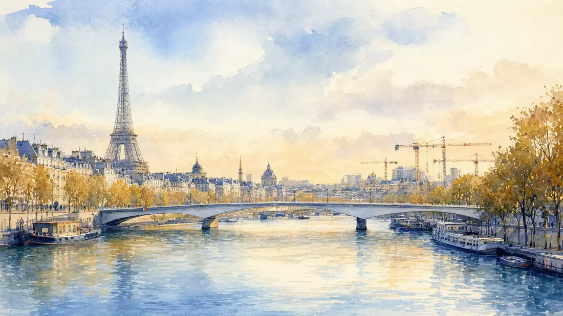 Aquarellbild der Pariser Skyline mit Brücke, Fluss und Baukränen am Horizont