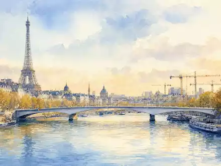 Aquarellmalerei der Pariser Skyline symbolisiert den Standort von Eiffage S.A., ISIN FR0000130452, dem Baukonzern - Foto: THN