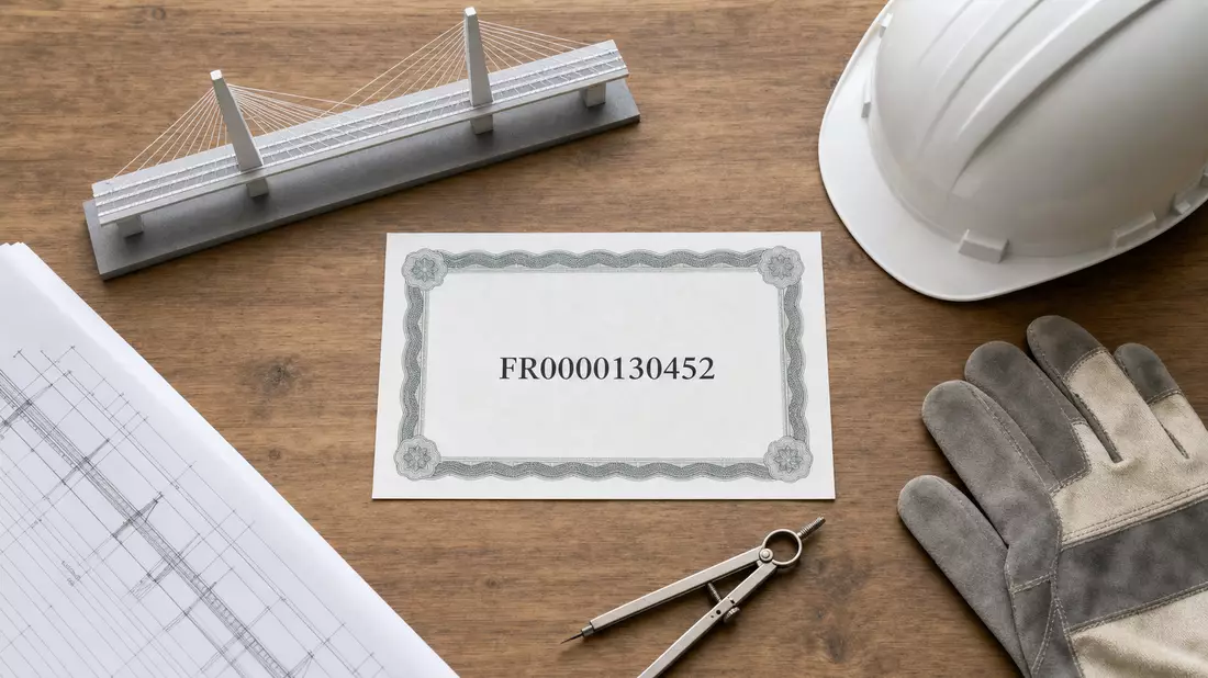 Flatlay mit ISIN-Karte FR0000130452, Brückenmodell, Bauhelm und Bauplan auf Holztisch