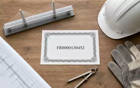 Flatlay mit ISIN-Karte FR0000130452 und Bauwerkzeugen repräsentiert die Aktie von Eiffage S.A. am Kapitalmarkt anschaulich - Foto: THN