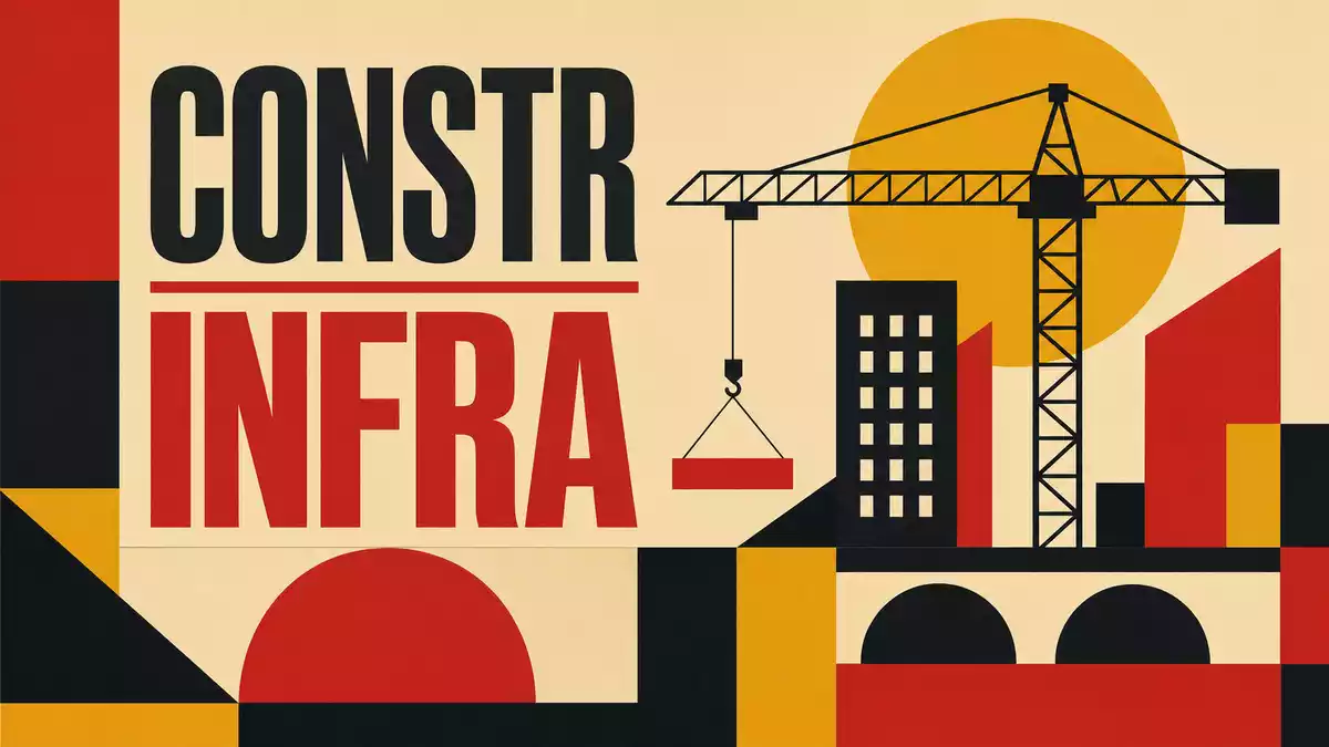 Bauhaus-Poster mit geometrischen Formen, Kran-Silhouette und Text CONSTR INFRA