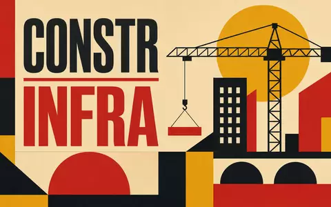 Bauhaus-Poster mit Kürzeln CONSTR und INFRA visualisiert die Branche von Eiffage S.A., ISIN FR0000130452, reduziert - Foto: THN