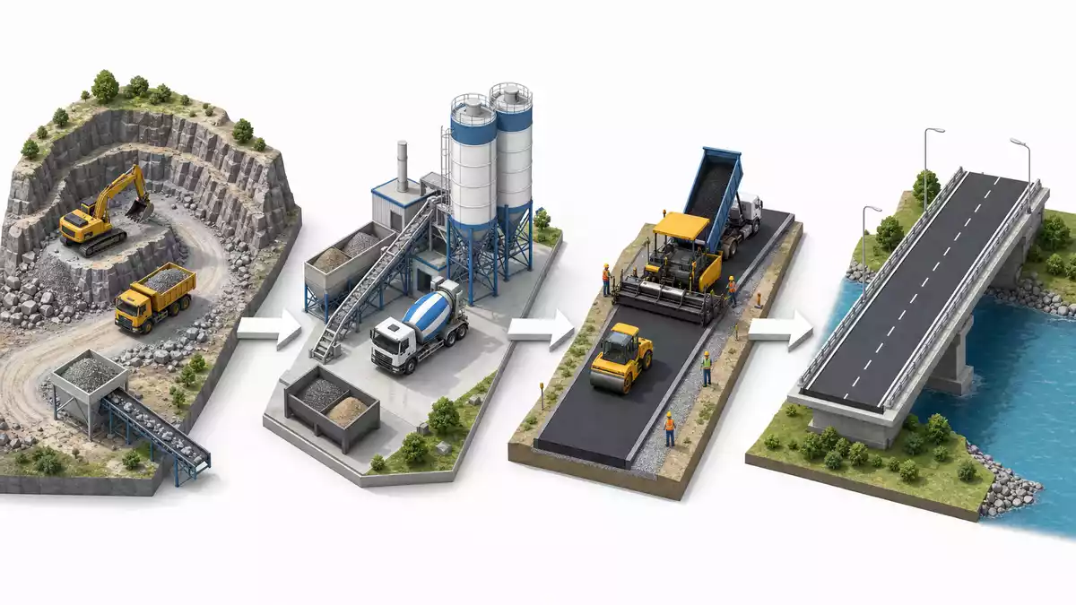 Isometrische 3D-Illustration der Bauwertschöpfungskette von Steinbruch bis fertiger Brücke