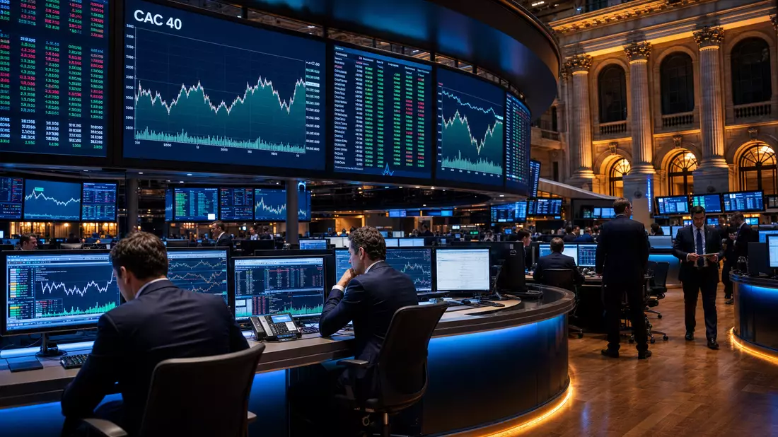 Trading-Floor mit CAC 40 Kurscharts auf großen Bildschirmen und Händlern in Anzügen