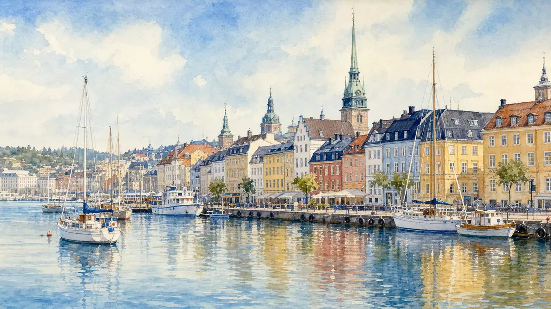 Aquarellbild einer generischen nordischen Hafenstadt mit Booten, unbrandet