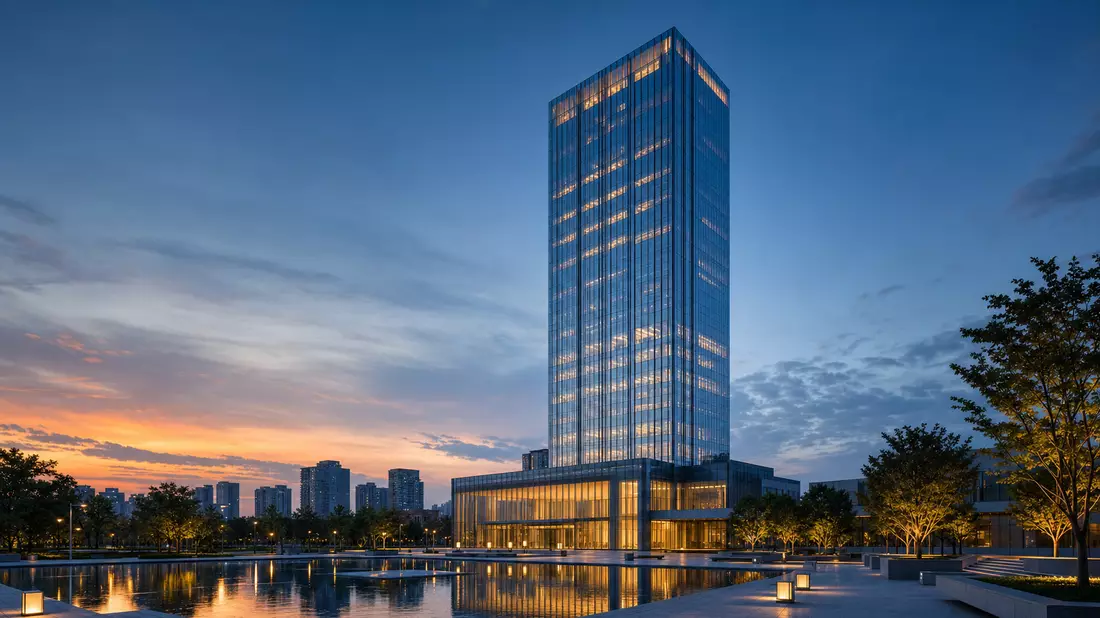 3D-Rendering eines generischen gläsernen Bank-Towers bei Dämmerung, unbrandet