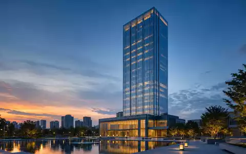 Nordea Bank Abp (FI4000297767): Architektur-Render eines generischen Bank-Towers in der Abenddämmerung, unbrandet, modern - Foto: THN