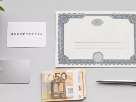 Nordea Bank Abp (FI4000297767): Flatlay mit generischer ISIN-Karte, Aktienzertifikat, Kreditkarte und Euro-Banknote, unbrandet - Foto: THN