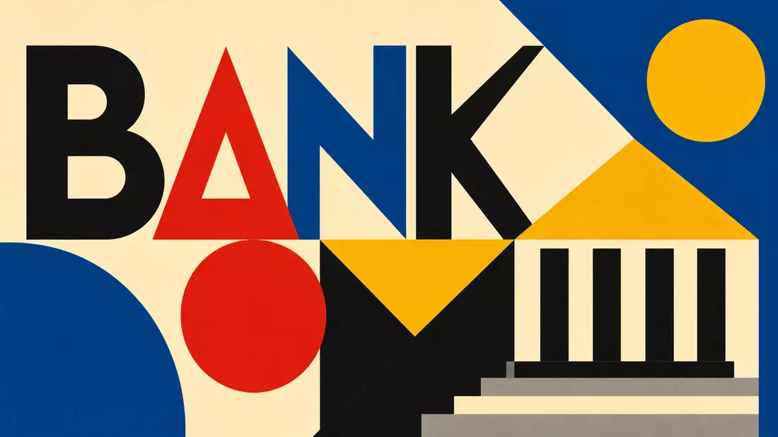 Bauhaus-Poster mit geometrischen Formen und Schriftzug BANK, unbrandet