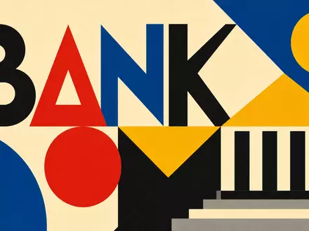 Nordea Bank Abp (FI4000297767): Bauhaus-Poster mit geometrischen Formen und dem generischen Schriftzug BANK, unbrandet - Foto: THN