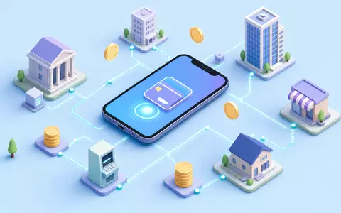 Nordea Bank Abp (FI4000297767): isometrische 3D-Illustration eines generischen Zahlungsverkehr-Netzwerks mit Gebäuden, unbrandet und modern gestaltet - Foto: THN