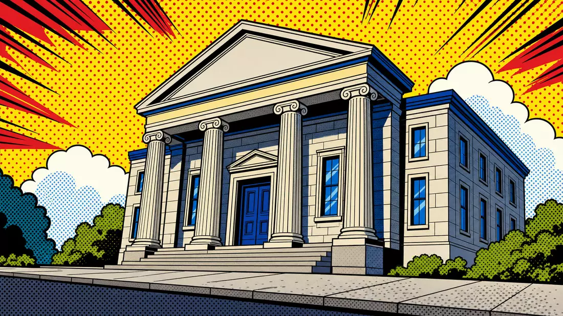 Pop-Art-Comic-Illustration eines generischen Bankgebäudes, unbrandet