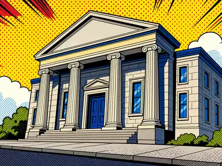 Nordea Bank Abp (FI4000297767): Pop-Art-Comic-Illustration eines generischen Bankgebäudes mit kräftigen Farben, unbrandet - Foto: THN