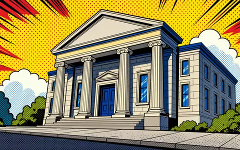 Nordea Bank Abp (FI4000297767): Pop-Art-Comic-Illustration eines generischen Bankgebäudes mit kräftigen Farben, unbrandet - Foto: THN