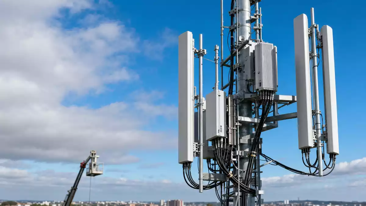 Fotorealistischer 5G-Antennenmast mit Technikkorb vor blauem Himmel
