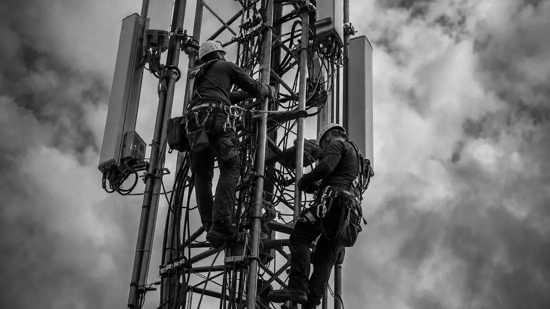 Schwarz-weiße Reportagefotografie von Ingenieuren an einem Antennenmast