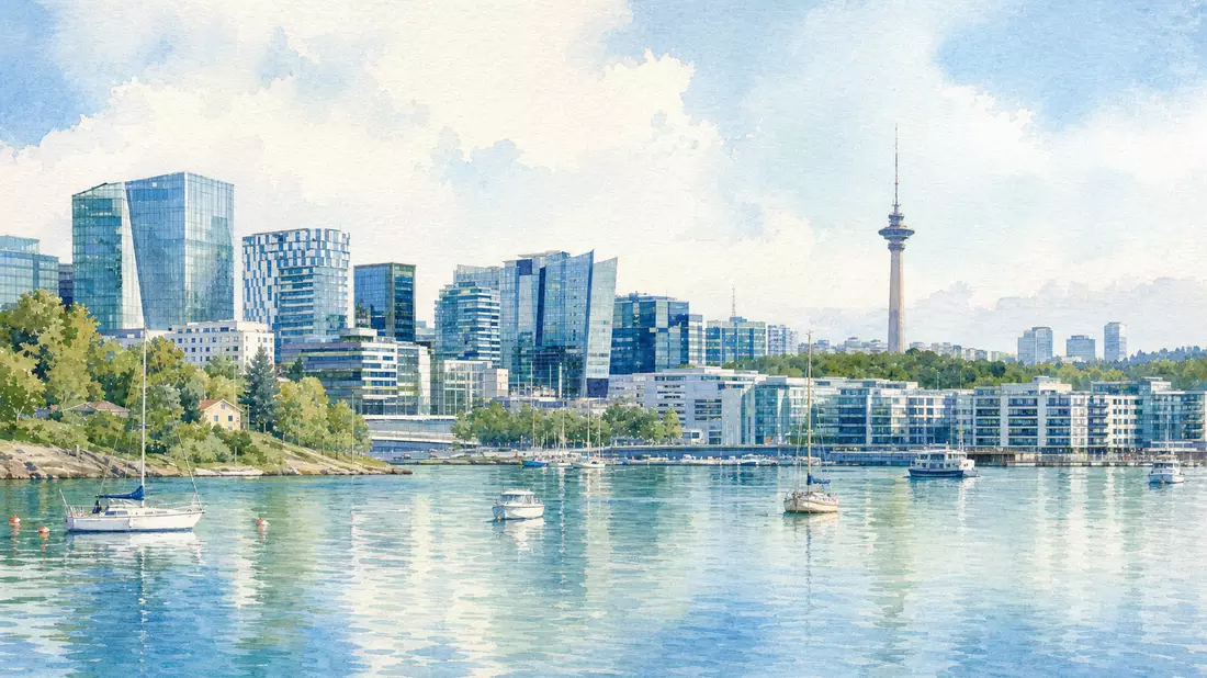 Aquarellbild der Helsinki-Espoo Skyline am Wasser mit Segelbooten