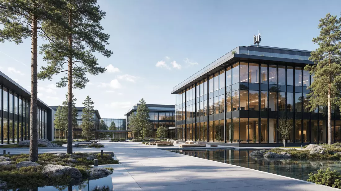 Architekturvisualisierung eines modernen Glas-Technologiecampus mit Bäumen