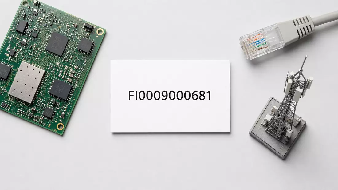 Flatlay mit ISIN-Karte, grüner Platine, RJ45-Stecker und Mini-Sendemast