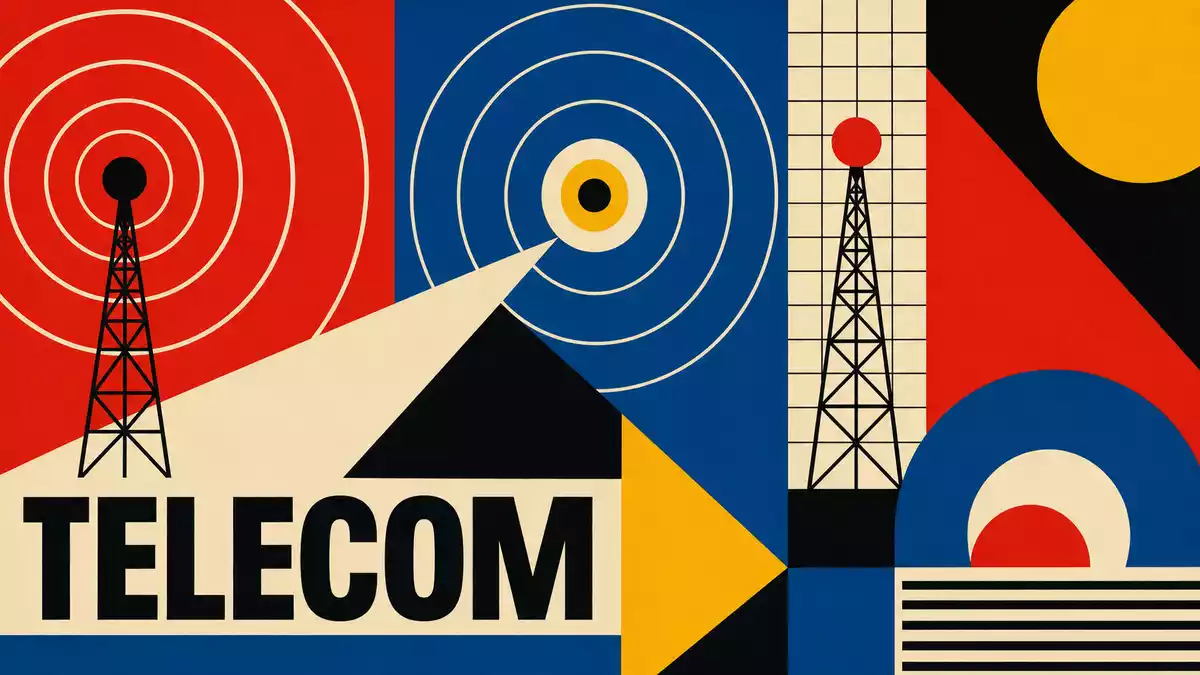Bauhaus-Grafikposter mit Sendemasten, Kreisen und Schriftzug TELECOM