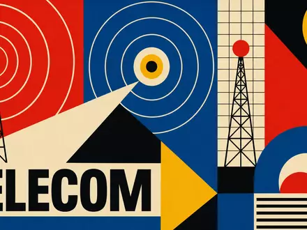 Nokia Oyj (FI0009000681) Bauhaus-Poster mit geometrischen Formen und Schriftzug TELECOM symbolisiert Telekommunikationsausrüstungsbranche - Foto: THN