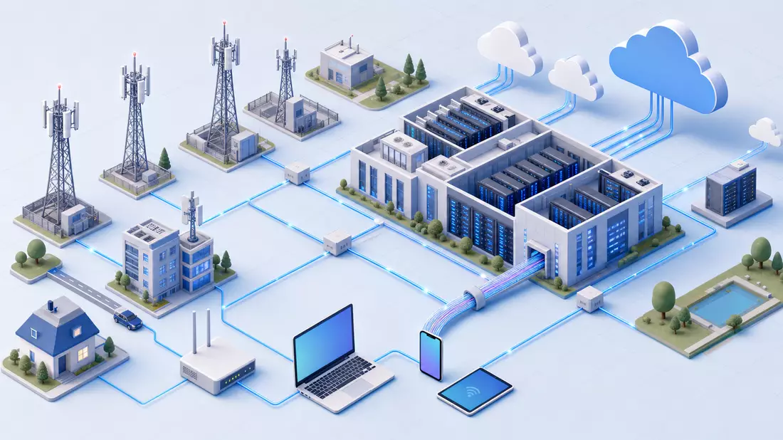 Isometrische 3D-Grafik eines Telekommunikationsnetzwerks mit Türmen und Servern