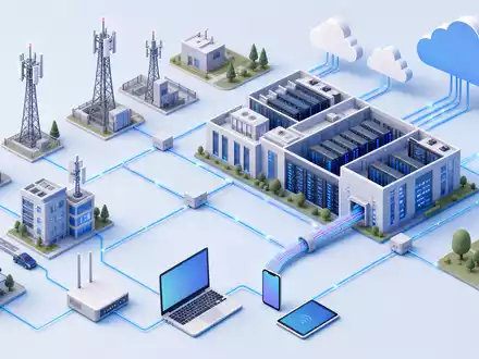 Nokia Oyj (FI0009000681) isometrische 3D-Illustration einer Netzarchitektur mit Sendemasten, Rechenzentrum und vernetzten Geräten - Foto: THN